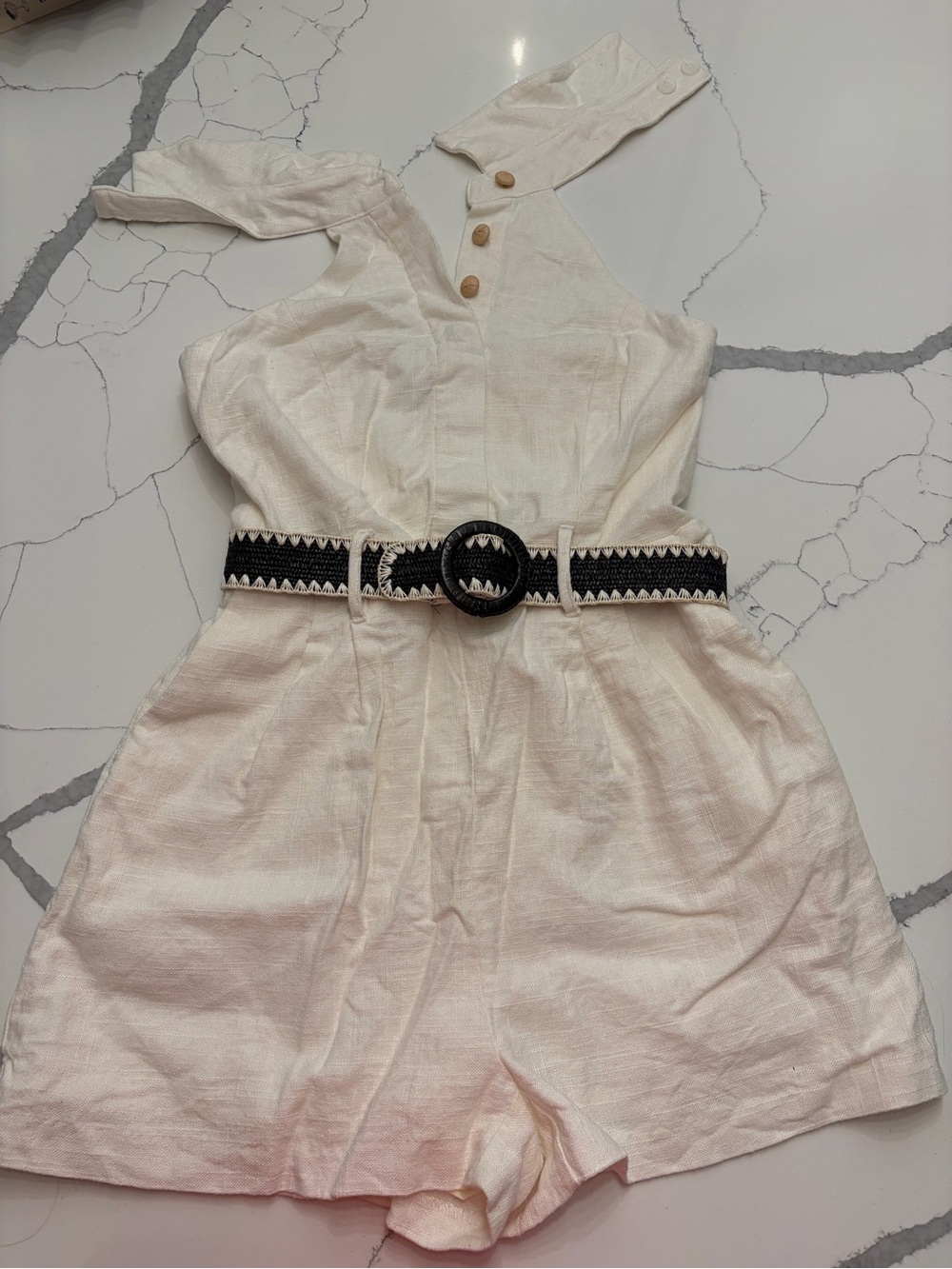 House of Harlow Cream Linen-Blend Romper with Black Woven Belt